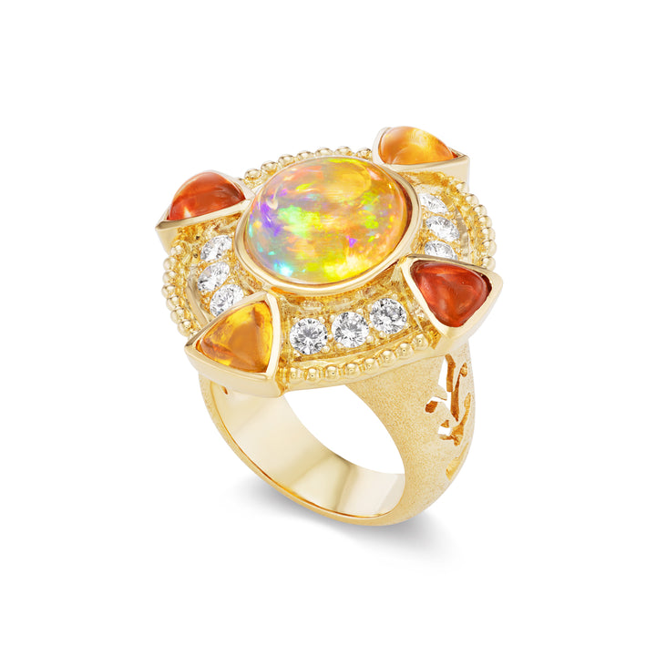 18K Yellow Gold Jelly Opal, Fire Opal and Diamond Ring