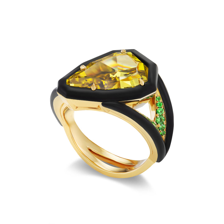 18K Yellow Gold & Black Ceramic Fancy Yellow Shield Cut Diamond and Tsavorite Garnet Ring
