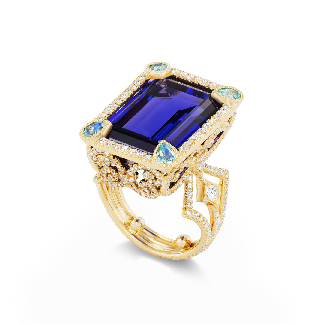 18K Yellow Gold Tanzanite and Paraiba Tourmaline Ring