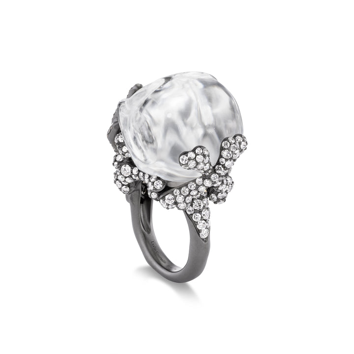 18K Black Gold White Crystal Skull Diamond Ring