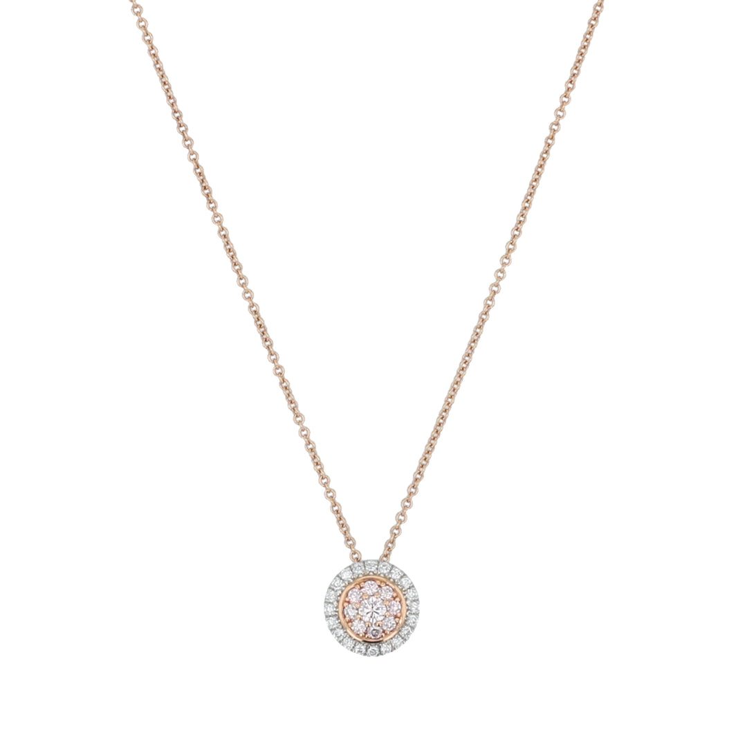 18K Pink Gold Pink and White Diamond Double Halo Necklace