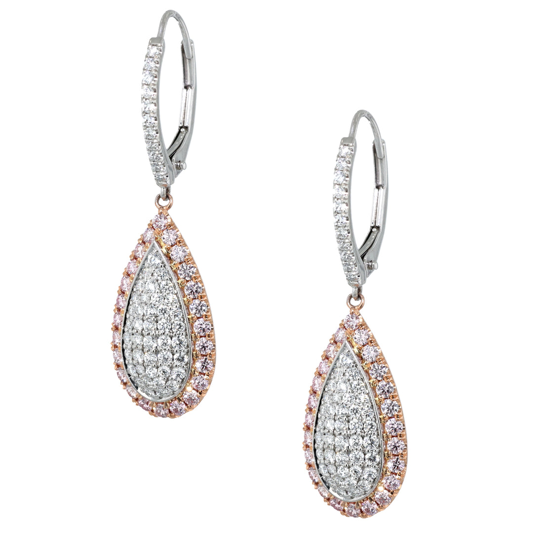 18K Pink Gold and Platinum Pink and White Diamond Pear Shaped Earrings