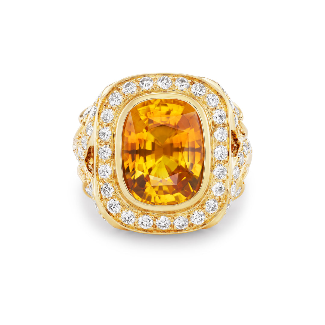 18K Yellow Gold, Orange Sapphire & Diamond Ring