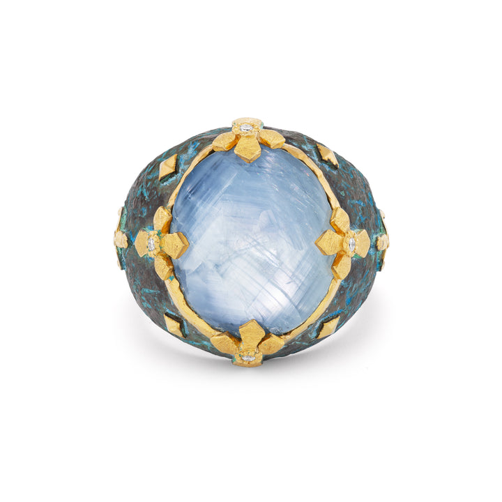 24K Yellow Gold, Silver,  Blue Sapphire &  Diamond Ring