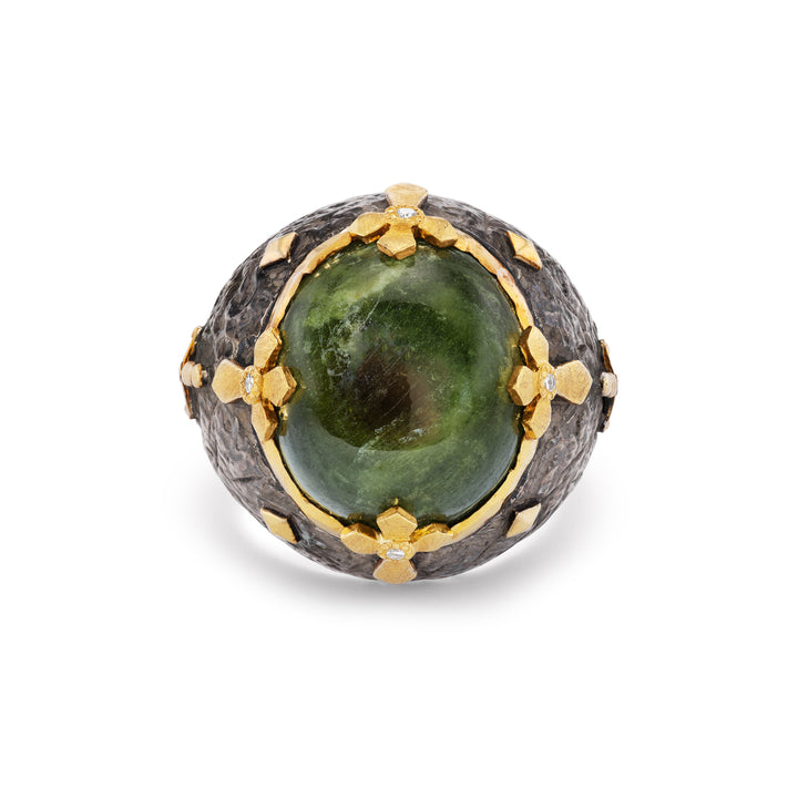 24K Yellow Gold and Silver Green Sapphire and Diamond Ring