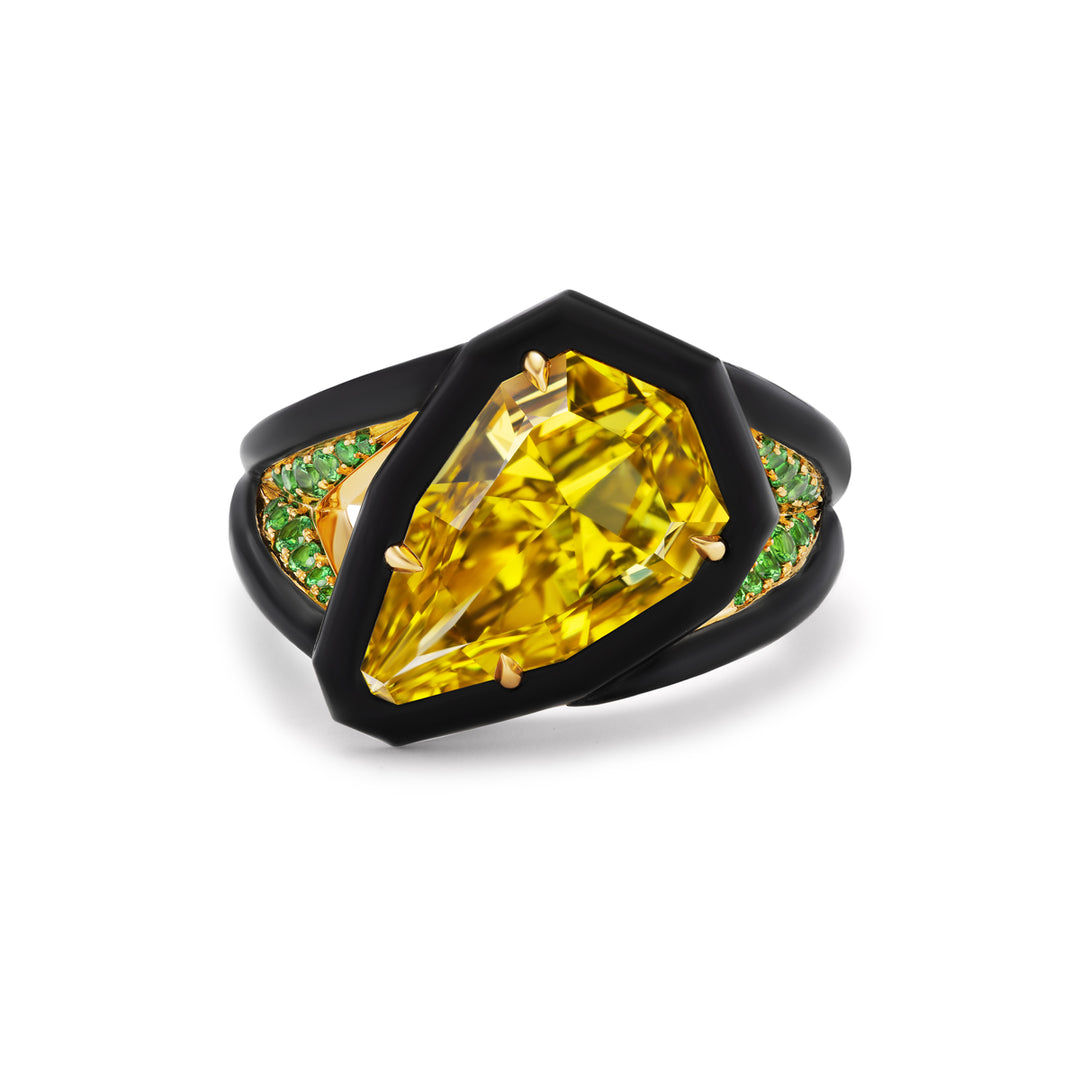 18K Yellow Gold & Black Ceramic Fancy Yellow Shield Cut Diamond and Tsavorite Garnet Ring