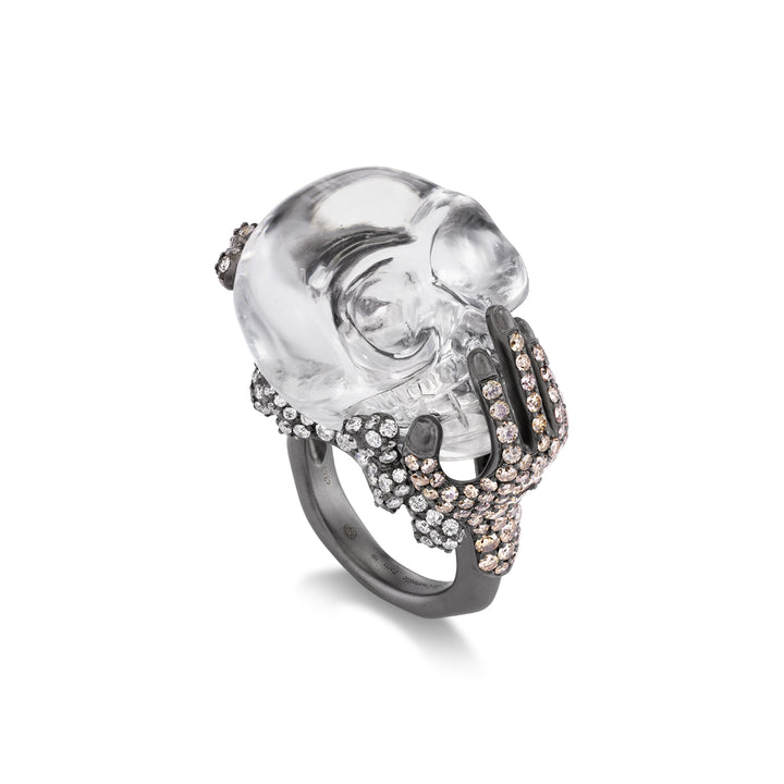 18K Black Gold White Crystal Skull Diamond Ring