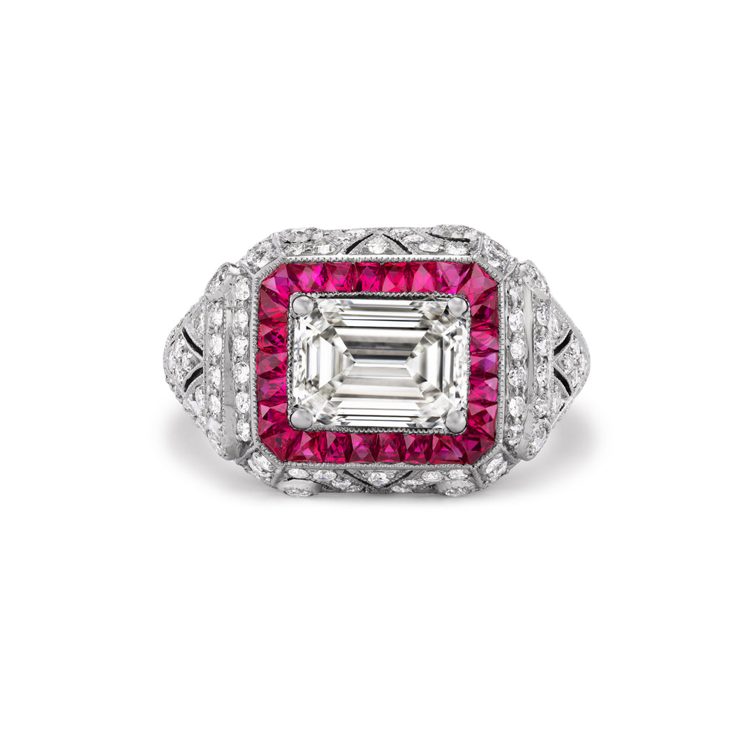 Platinum Vintage Inspired Ring with Emerald Cut Diamond and Rubies
