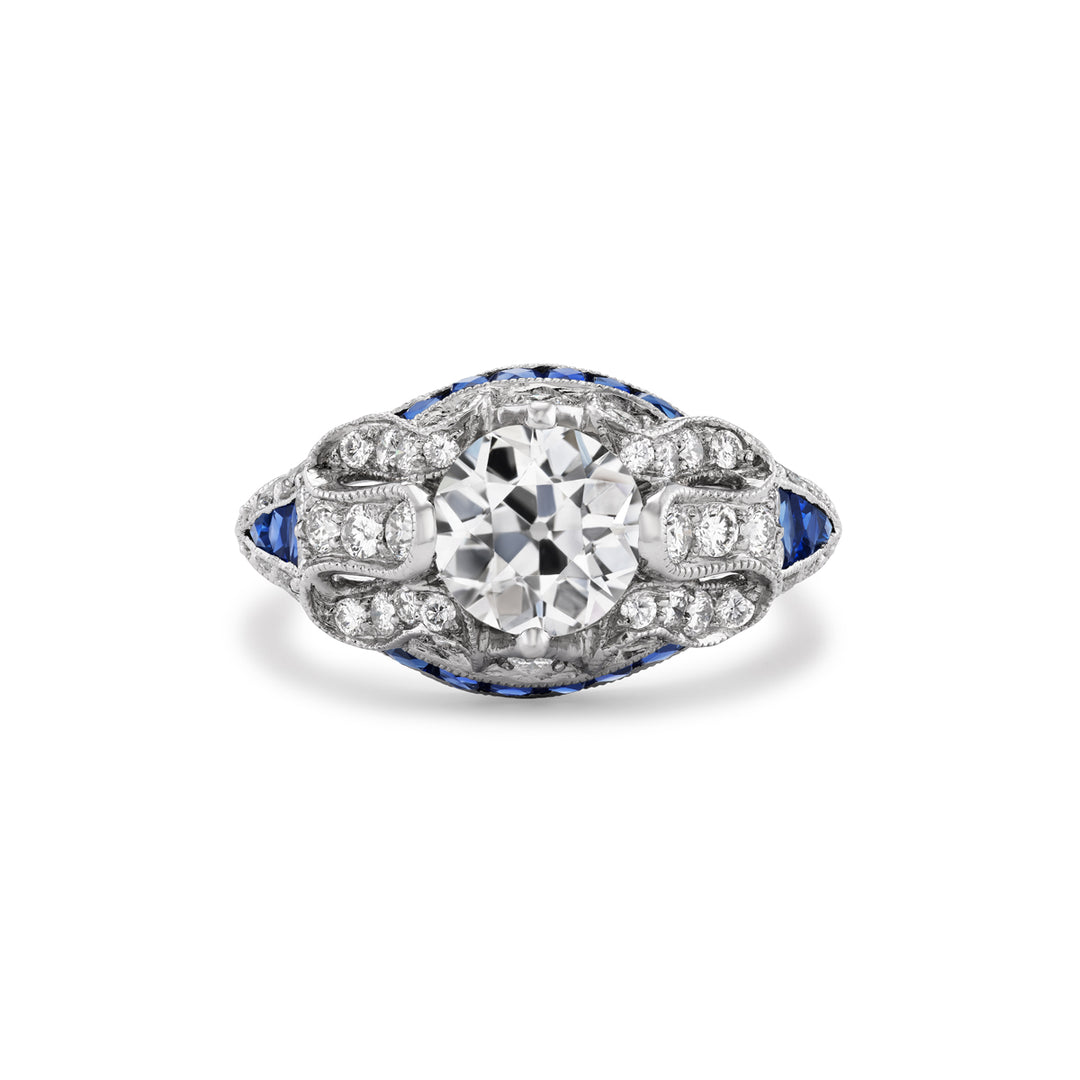 Platinum Art Deco Style Diamond and Sapphire Ring