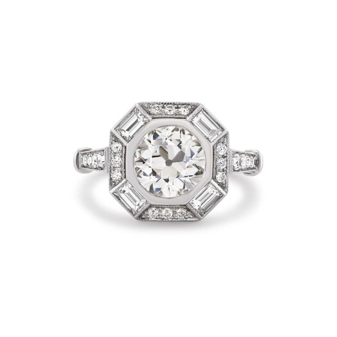 Platinum Art Deco Style Ring with Round and Emerald Cut Diamonds