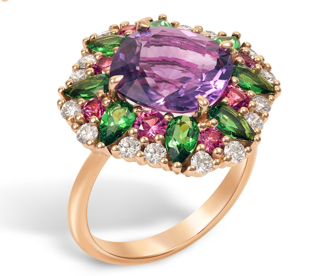 18K Rose Gold, Amethyst, Tsavorite, Pink Sapphire & Diamond Ring