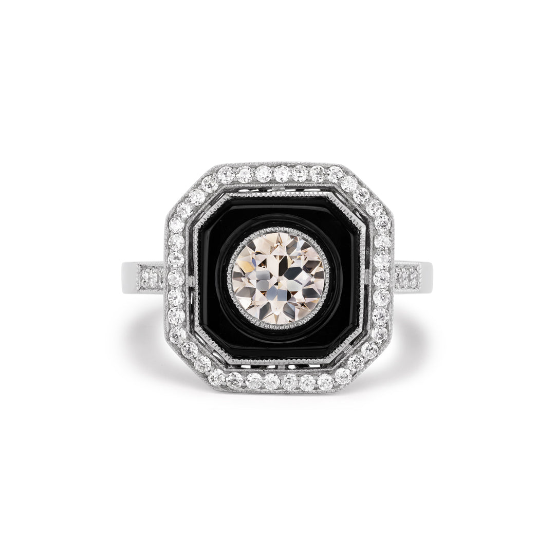 Platinum Art Deco Style Diamond and Black Onyx Ring