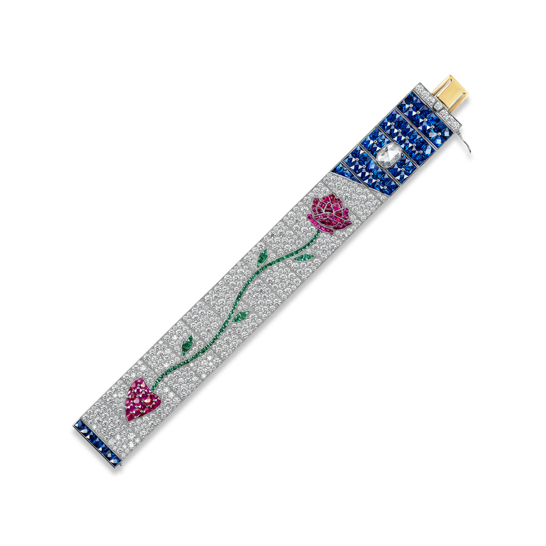 Platinum Midnight Rose Bracelet with Emeralds, Rubies, Sapphires and Diamonds
