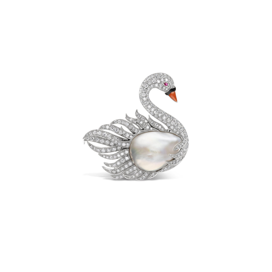 Platinum Pearl and Diamond Swan Brooch