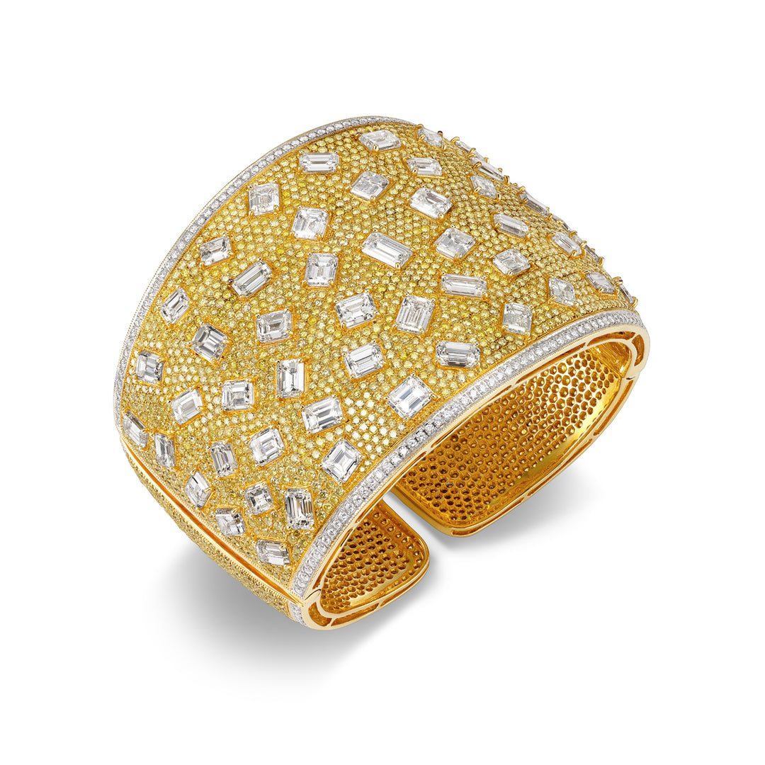 18K Yellow Gold & Diamond Wide Cuff Bangle Bracelet