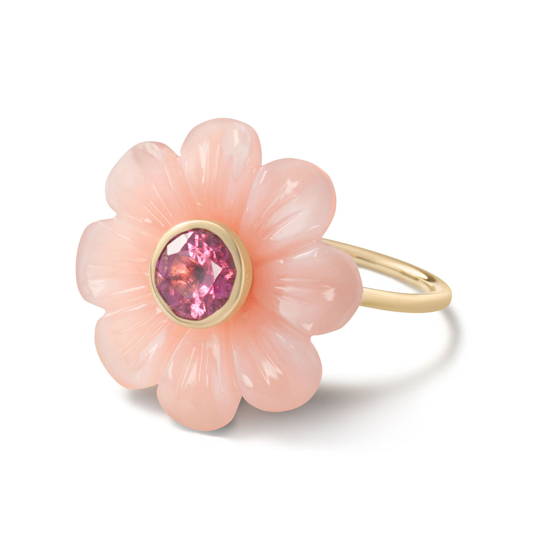 18K Yellow Gold Pink Opal Daisy Flower Ring