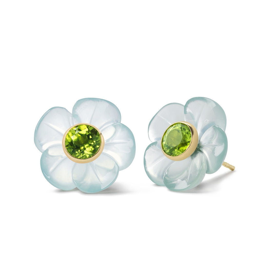18K Yellow Gold Aquamarine Island Flower Stud Earrings