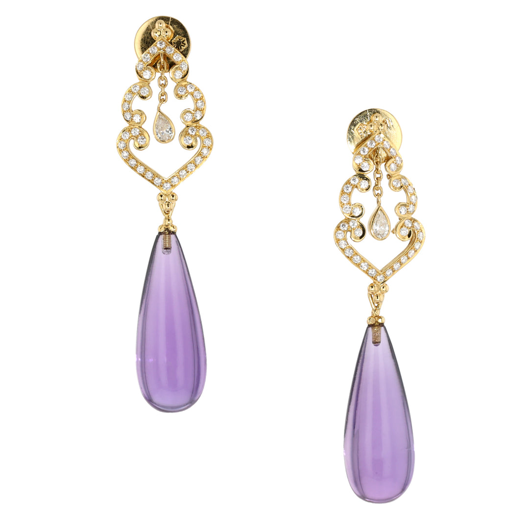 18K Yellow Gold Diamond and Amethyst Earrings