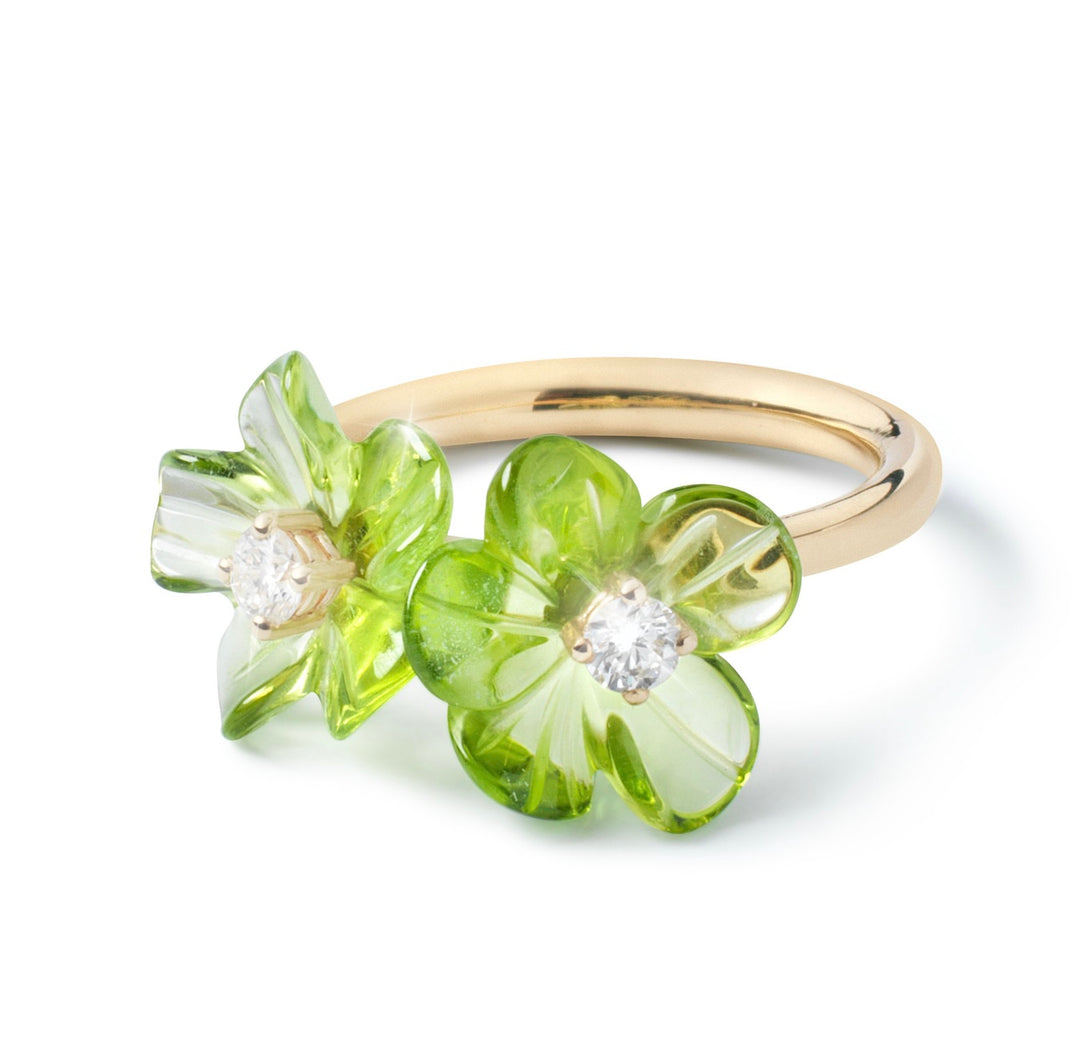 18K Yellow Gold Peridot Double Island Flower Ring