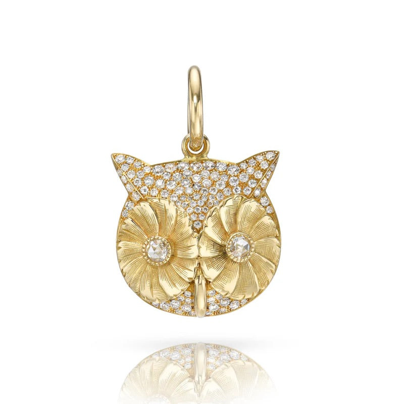 18K Yellow Gold Diamond Owl Pendant