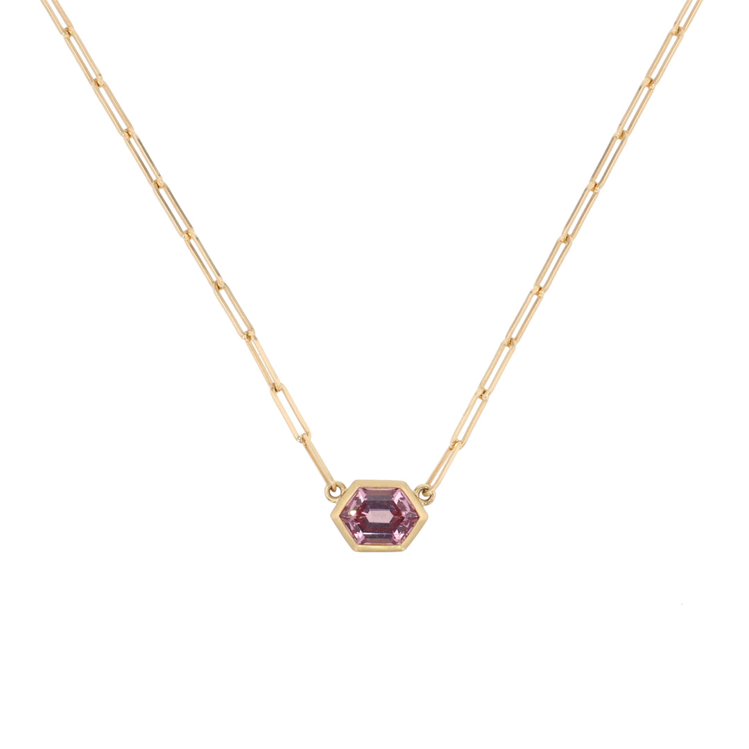 18K Yellow Gold Bezel Set Malaya Pink Garnet Necklace