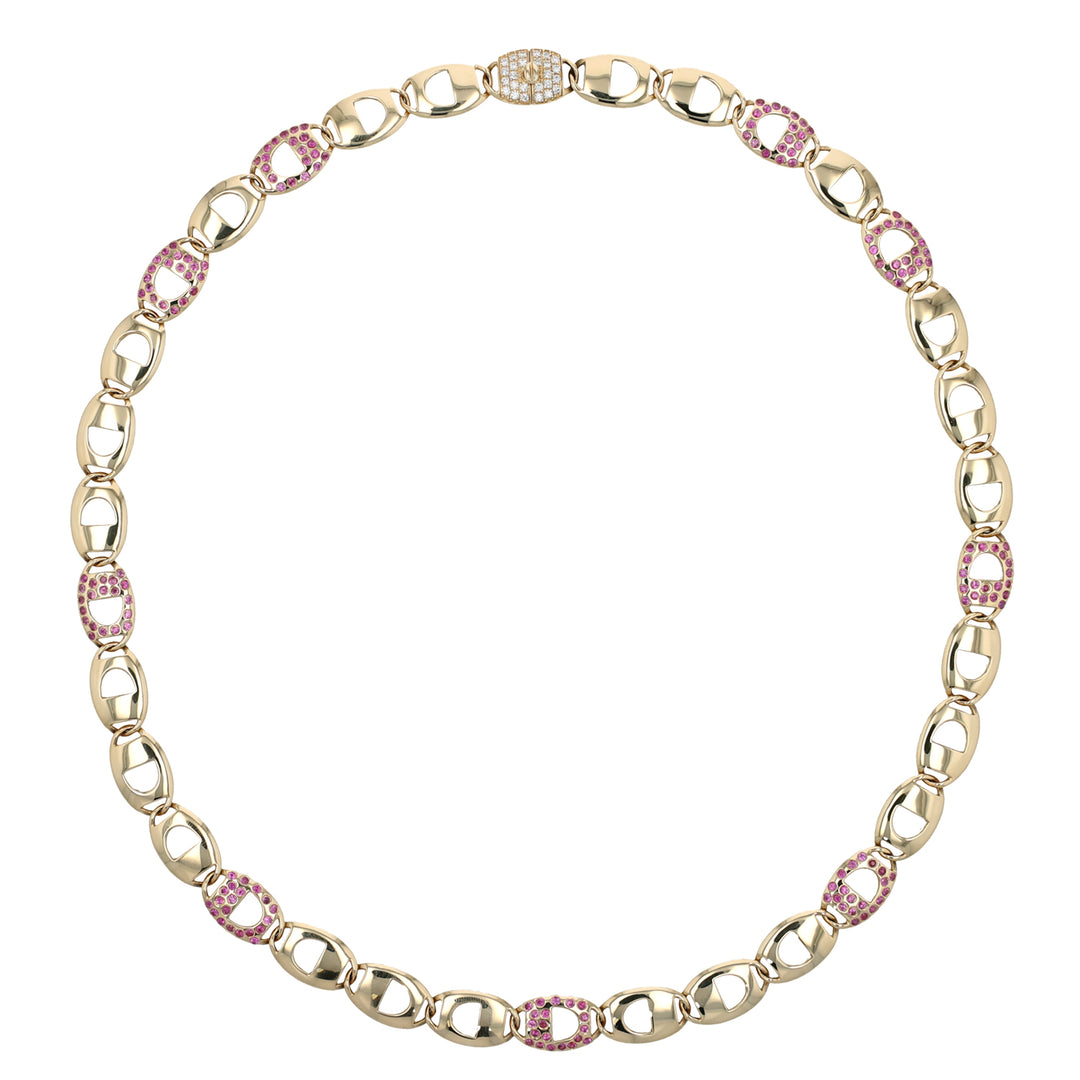 "Screaming with Love" 18K Yellow Gold Pink Sapphire and Diamond Necklace