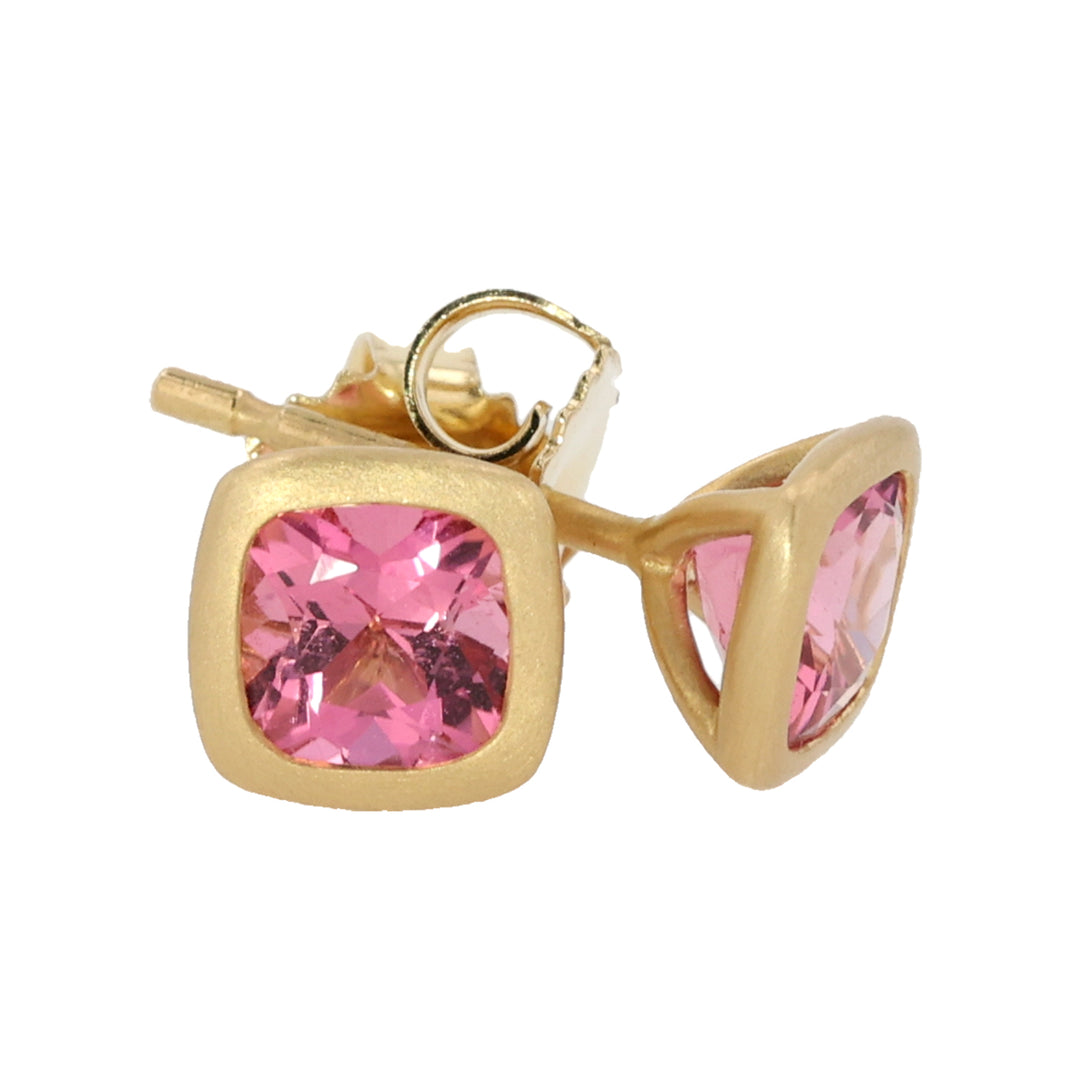 18K Yellow Gold Square Pink Tourmaline Stud Earrings