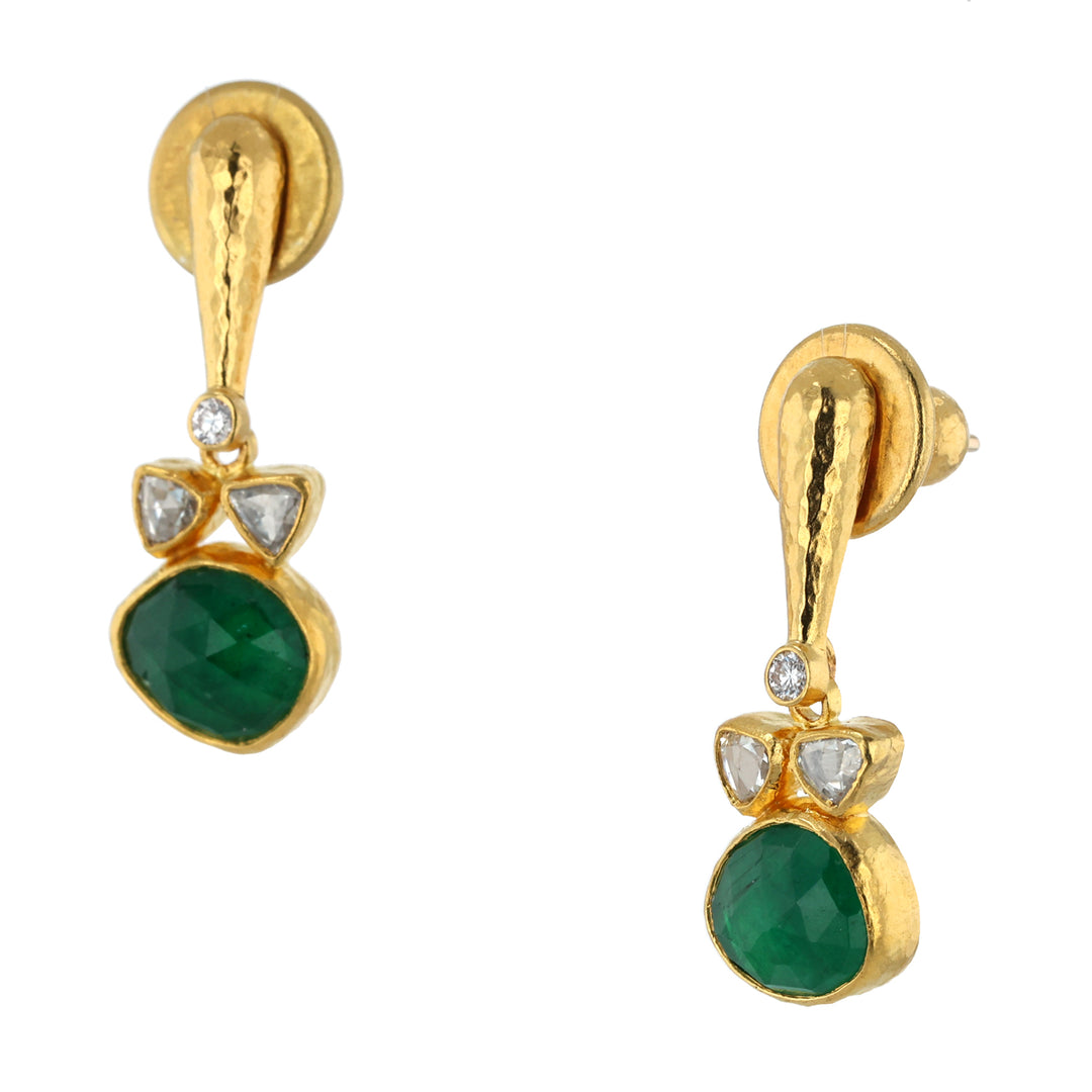 24K Yellow Gold,  Rose Cut Emerald and Diamond Drop Earrings