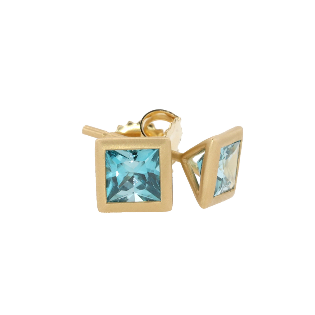 18K Yellow Gold Bezel Set Square Blue Zircon Stud Earrings