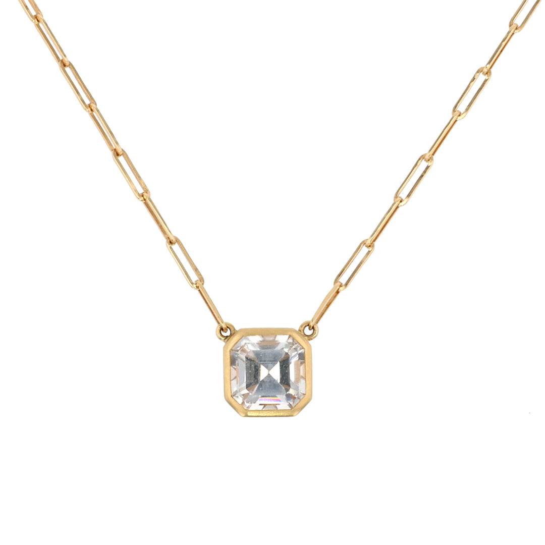 18K Yellow Gold Bezel Set Asscher Cut White Zircon Necklace