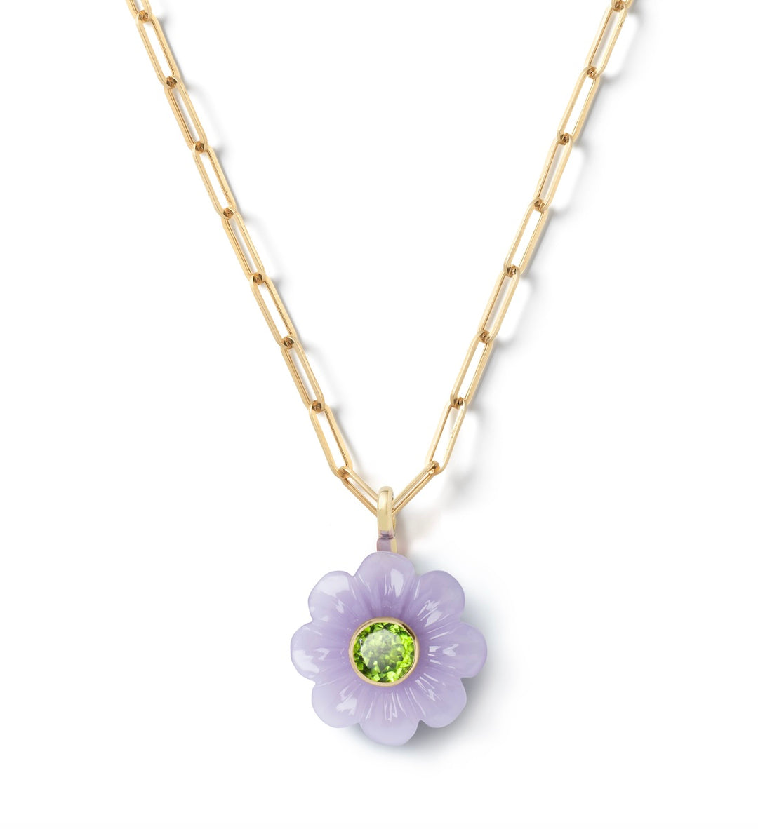 18K Yellow Gold Yttrium Flourite Daisy Flower Pendant Necklace