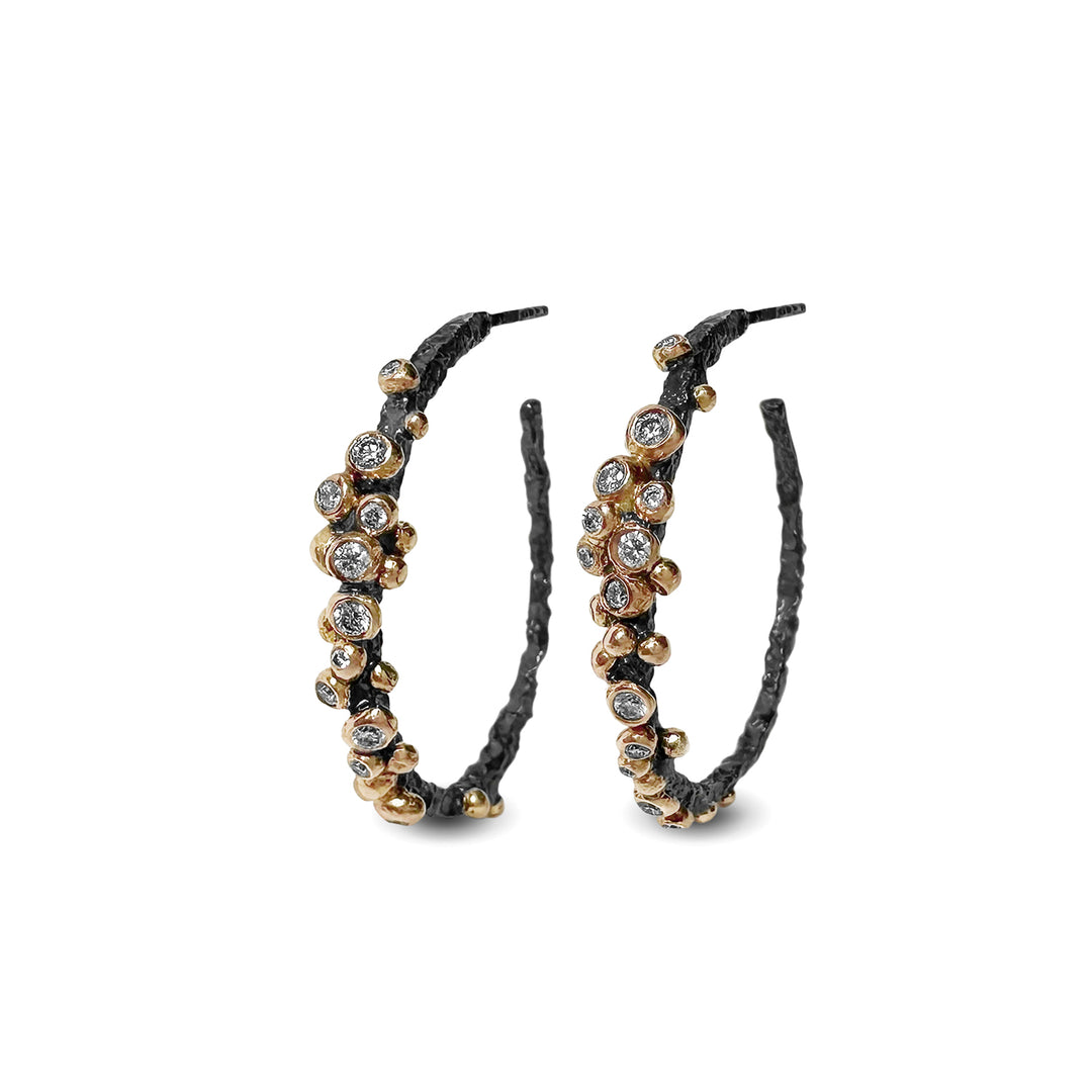 18K Yellow Gold and Oxidized Silver Large Dark Gleam Hoop Diamond Earrings