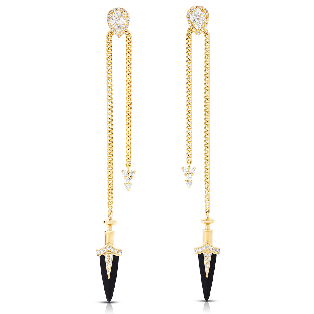 18K Yellow Gold Black Onyx and Diamond Dagger Earrings