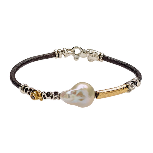 18K Yellow Gold and Silver Single Pearl Leather Bracelet