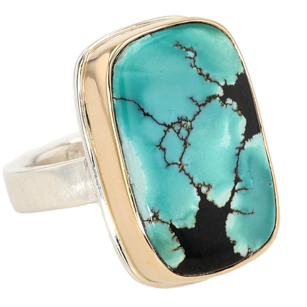 Sterling Silver and 14K Yellow Gold Rectangular Hubei Turquoise Ring