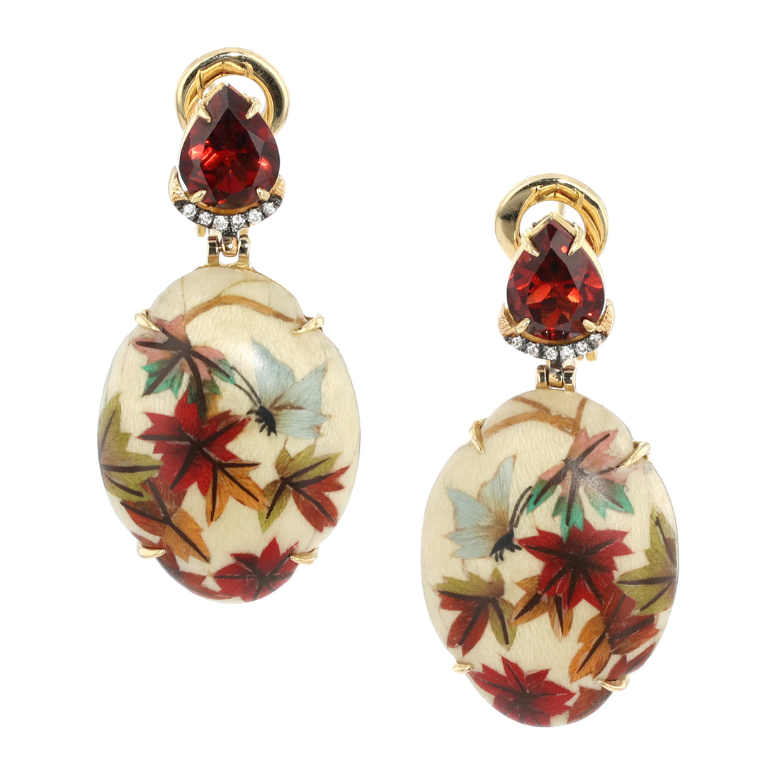 18K Yellow Gold Mini Marquetry Garnet and Diamond Earrings