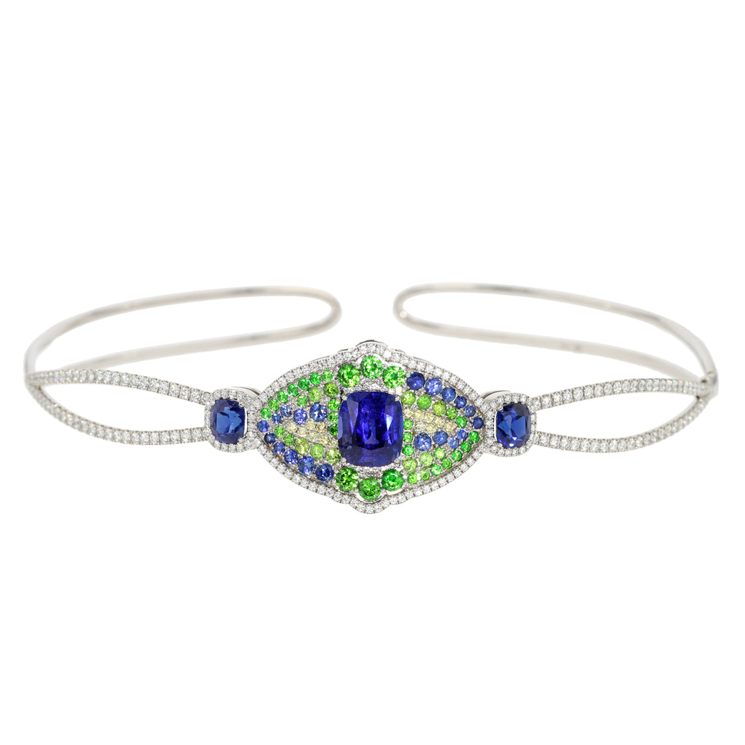 Platinum Sapphire, Demantoid Garnet, Fancy Yellow and White Diamond Choker Necklace