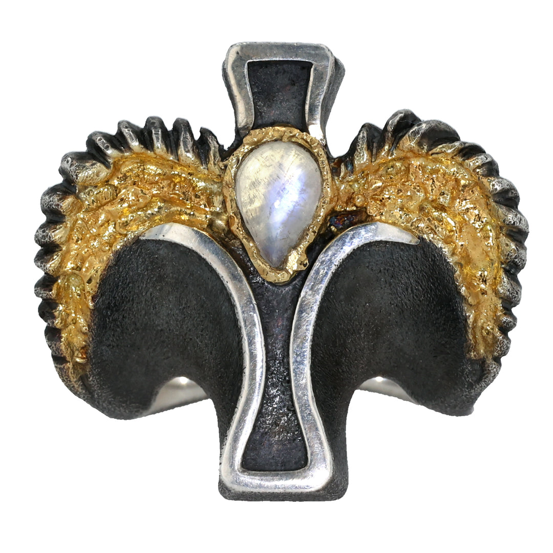 18K Yellow Gold and Sterling Silver Rainbow Moonstone Ring