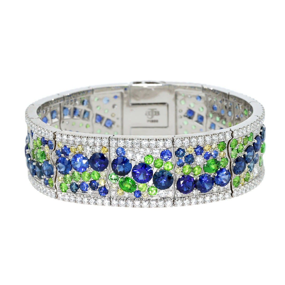 Platinum Sapphire, Demantoid Garnet, Fancy Yellow and White Diamond Bracelet