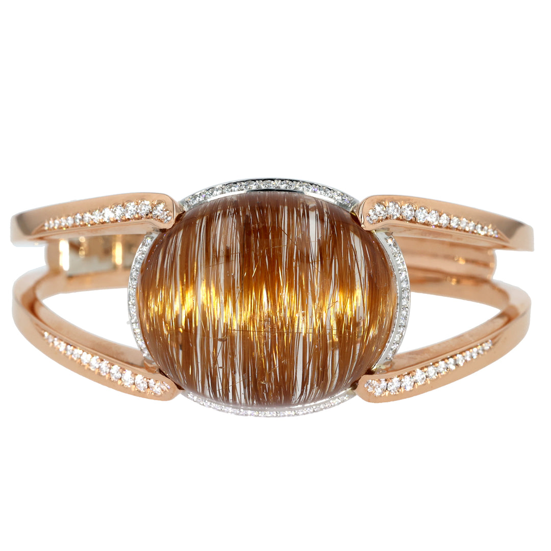 18K Rose Gold and Platinum Rutilated Quartz and Diamond Cuff Bracelet
