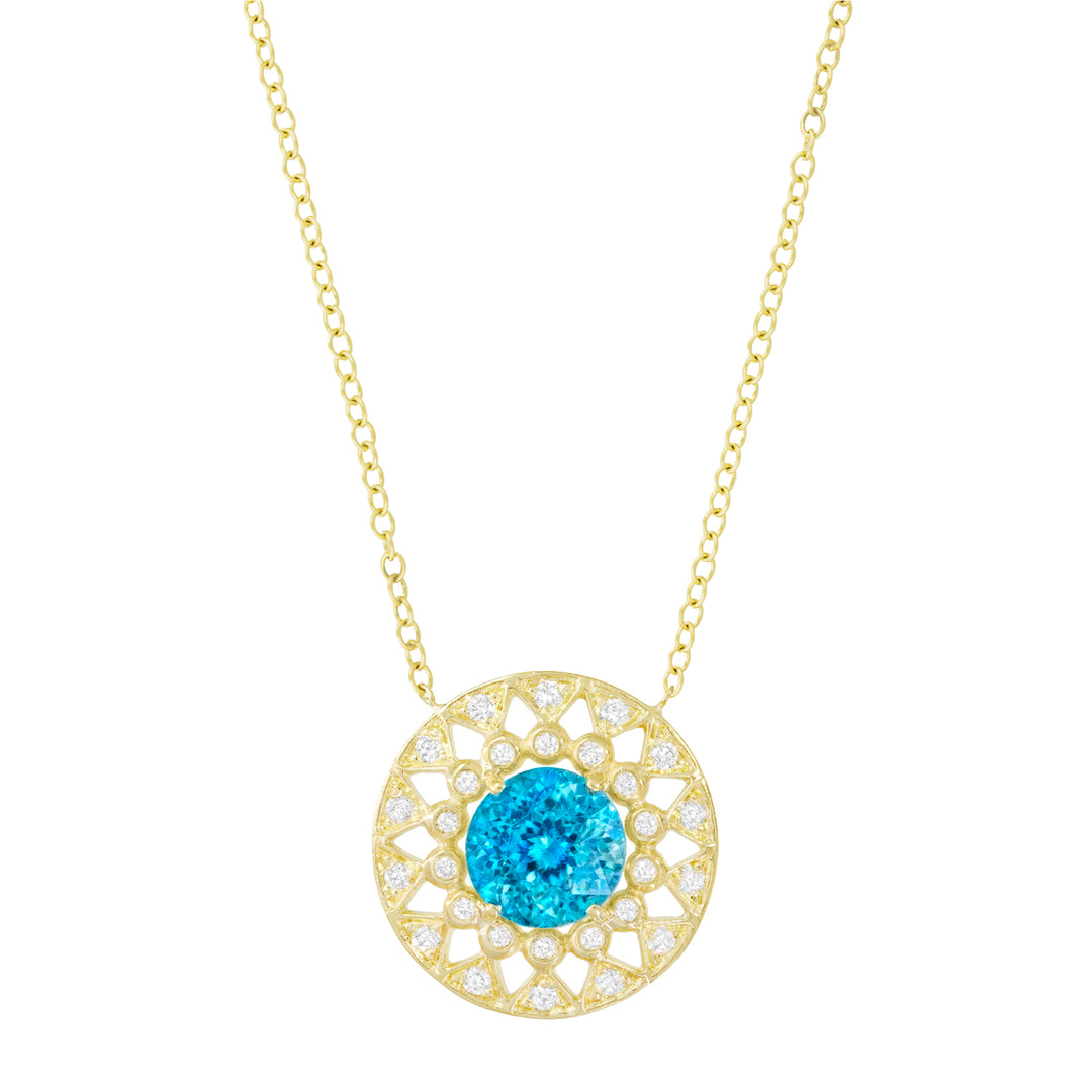 18K Yellow Gold Chrysler Building Deco Blue Zircon and Diamond Necklace