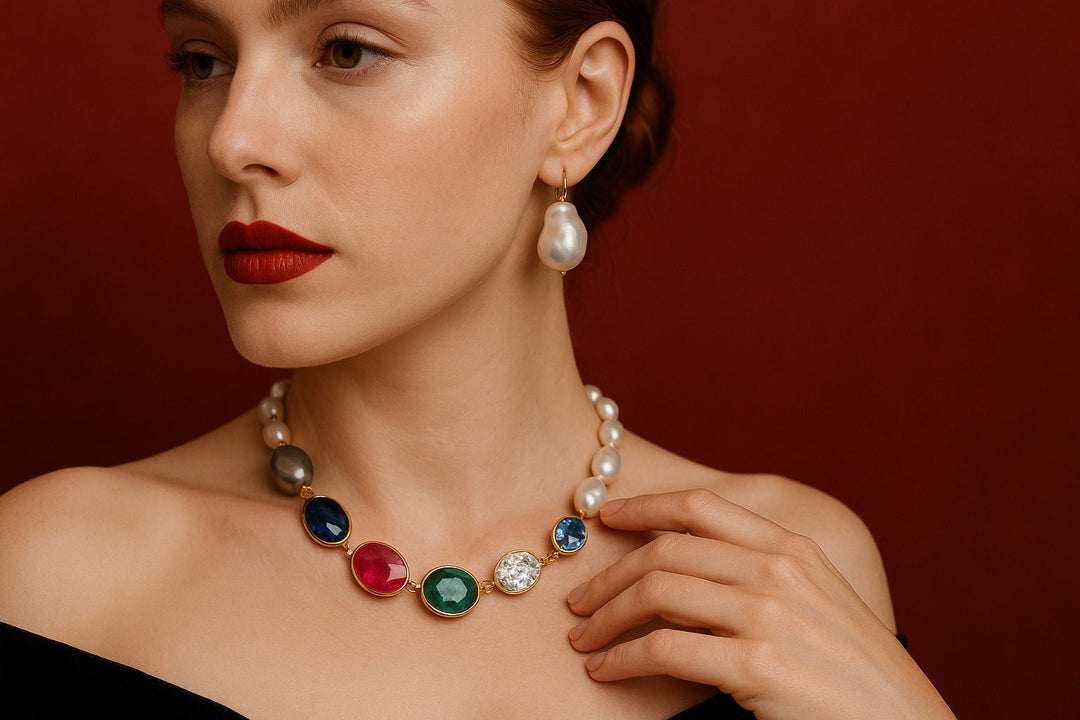  A landscape photograph of modern pearl jewellery featuring baroque pearls paired with vibrant gemstones in an asymmetrical design, blending timeless elegance with contemporary style.