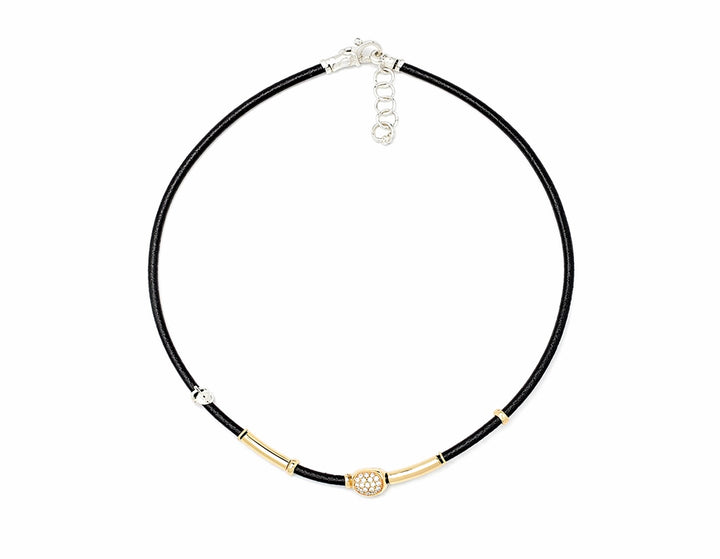 18K Yellow Gold and Sterling Silver Toyama Bay Leather Necklace with Pave Set Diamond Bead