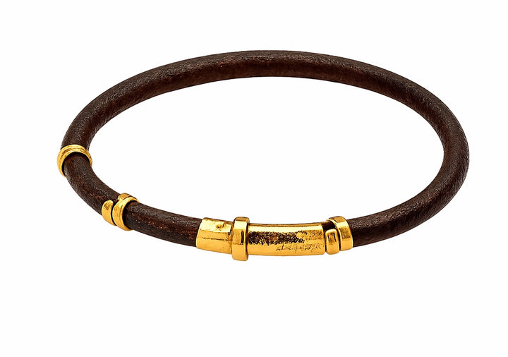18K Yellow Gold Grand Tour Leather Bracelet with Hammered Gold Elements & Concealed Clasp