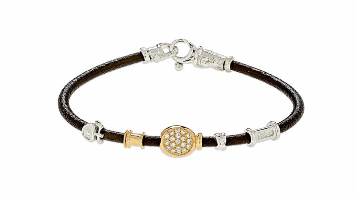18K Yellow Gold and Sterling Silver Toyama Bay  Leather Bracelet with Pave Set Diamonds