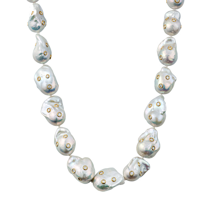 18K Yellow Gold Freshwater Pearl Necklace with Diamonds