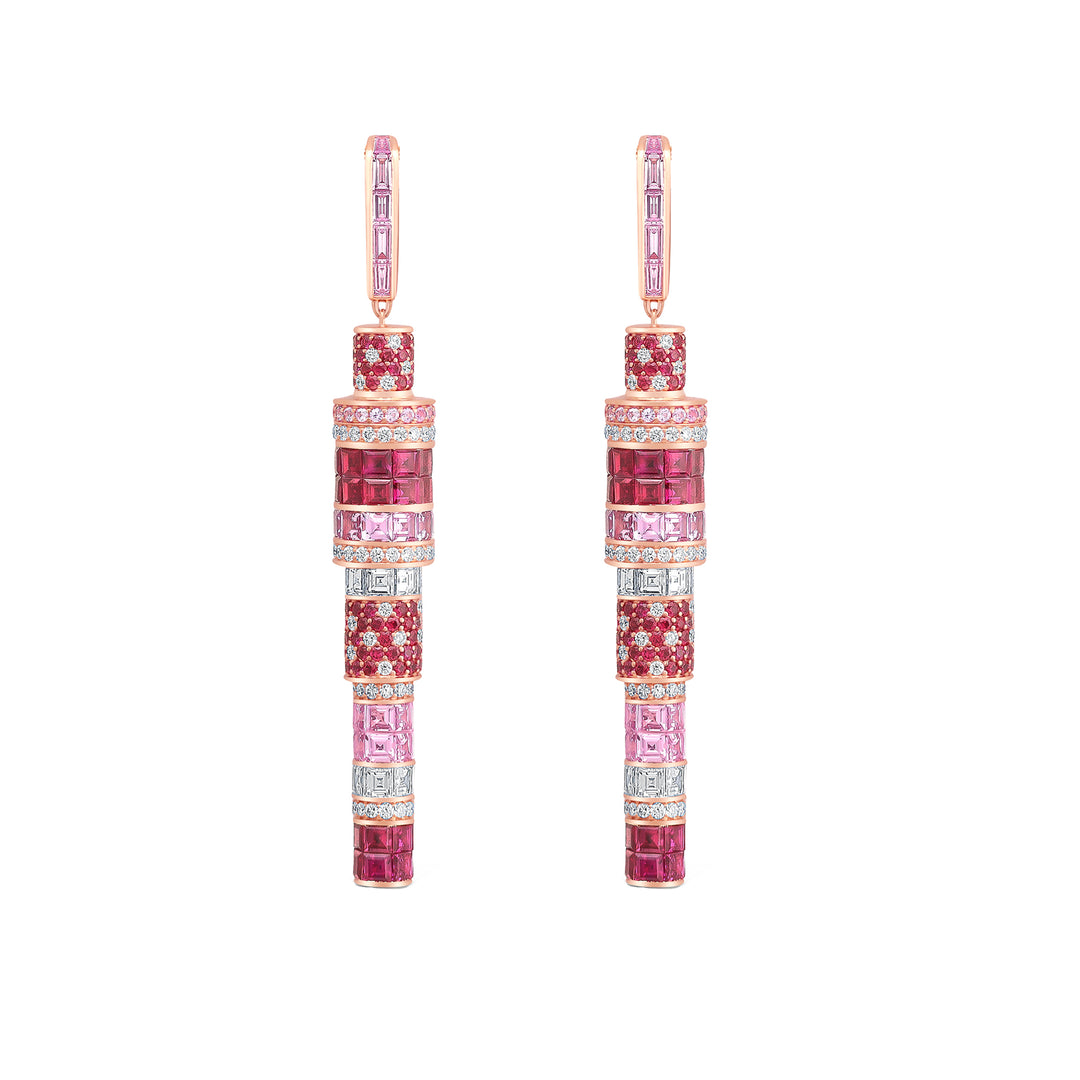 18K Rose Gold Kryptonite Earrings with Baguette and Round Rubies, Pink Sapphires and Diamonds