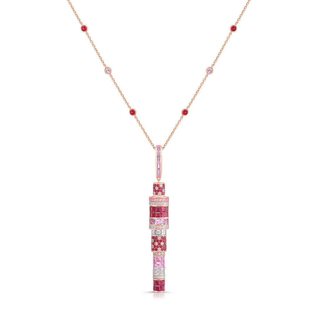 18K Rose Gold Kryptonite Pendant Necklace with Square and Round Rubies, Pink Sapphires and Diamonds