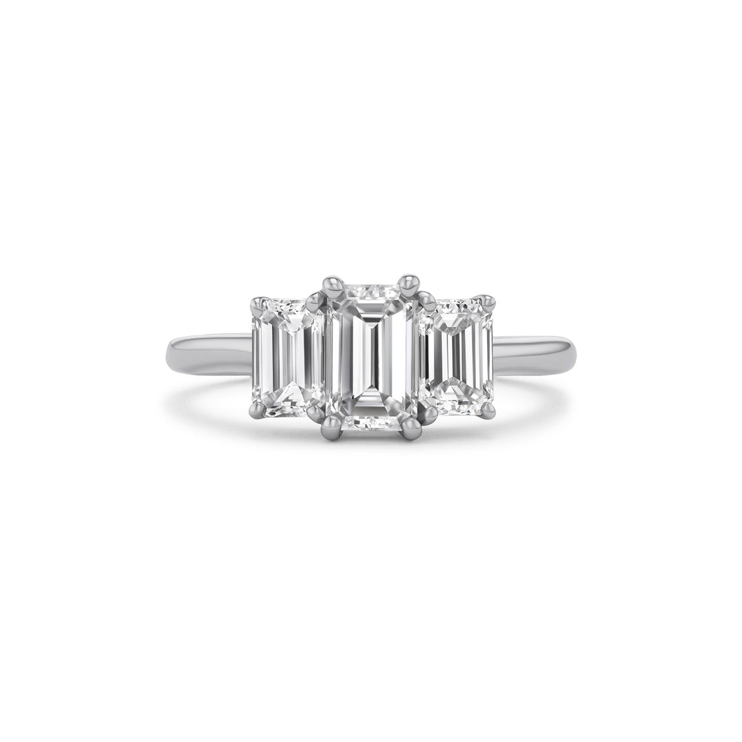 14K White Gold Three Stone Ring with Emerald Cut Natural Diamonds
