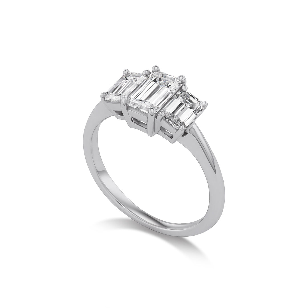 14K White Gold Three Stone Ring with Emerald Cut Natural Diamonds
